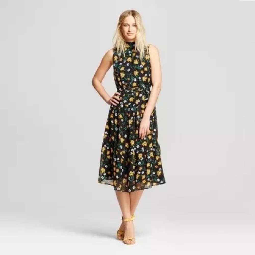 ‘Who What Wear’ Floral Belted Mock Neck Midi Dress